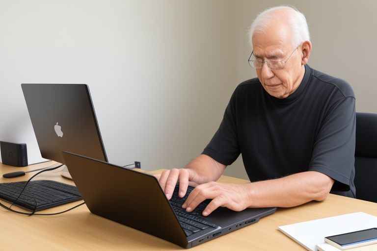 A wise elderly man engrossed in his work, conducting medical research on a laptop at his desk.
